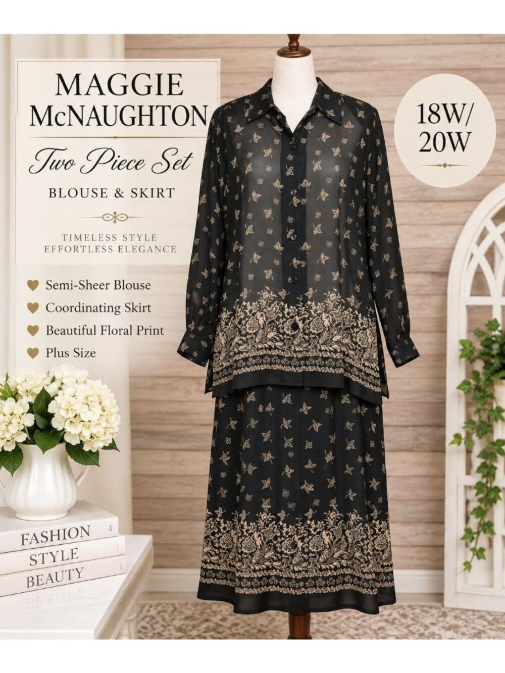 Vintage Maggie McNaughton 18W 20W 2 Pc Skirt Blouse Set Black Floral Border 90s